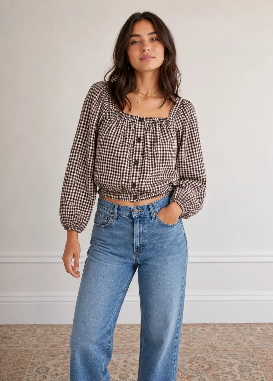 Madewell Women's SZ S Puff-Sleeve Button-Front Crop Top Plaid Chocolate Raisin